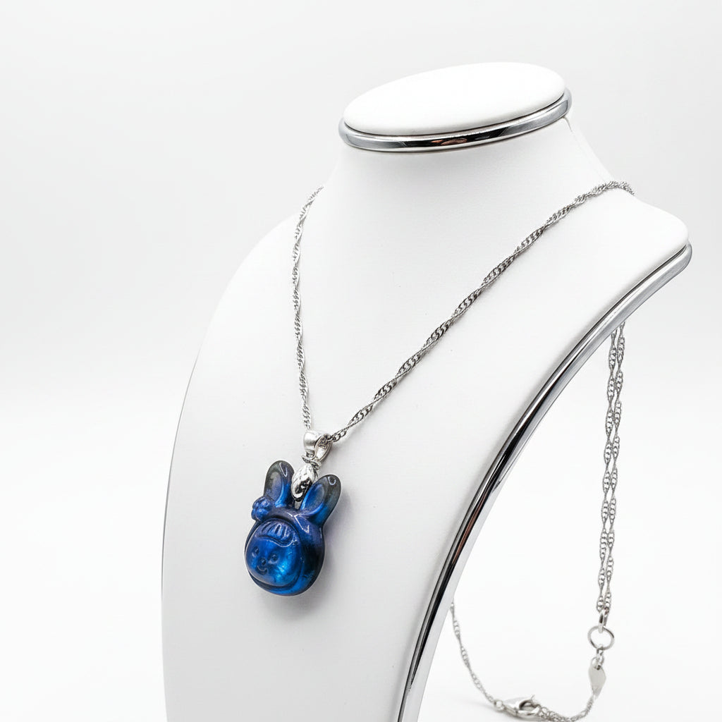 Natural labradorite carved flashy cute rabbit girl crystal pendant necklace — My Aura Gemstones