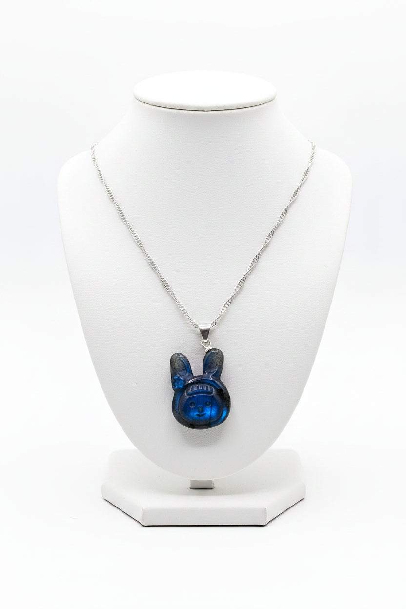 Natural labradorite carved flashy cute rabbit girl crystal pendant necklace — My Aura Gemstones