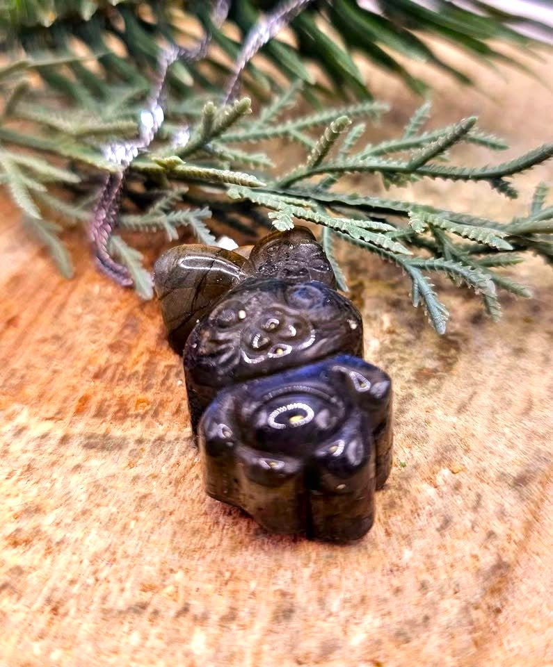 Hand-carved labradorite cheerful rabbit with flower pendant — My Aura Gemstones