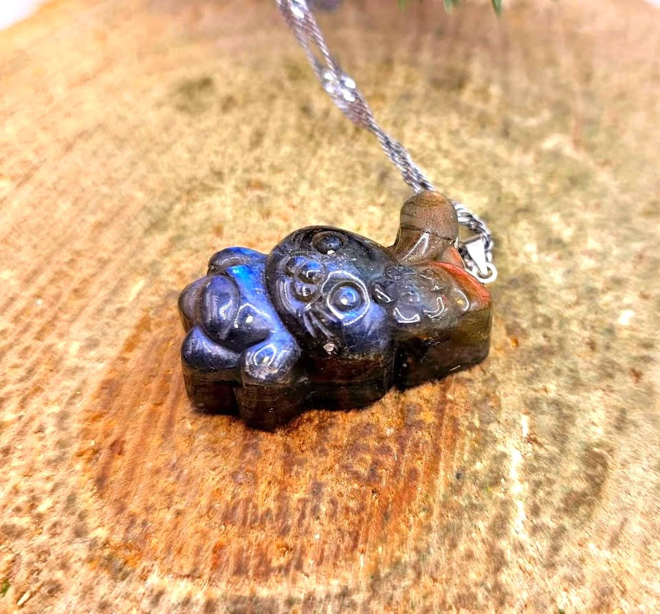 Hand-carved labradorite cheerful rabbit with flower pendant — My Aura Gemstones