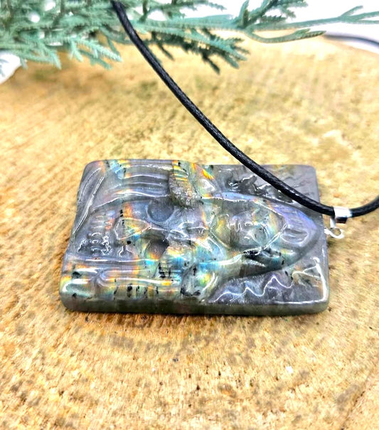Nature Labradorite Carved Flashy Hidden Evil Monk Pendant Necklace
