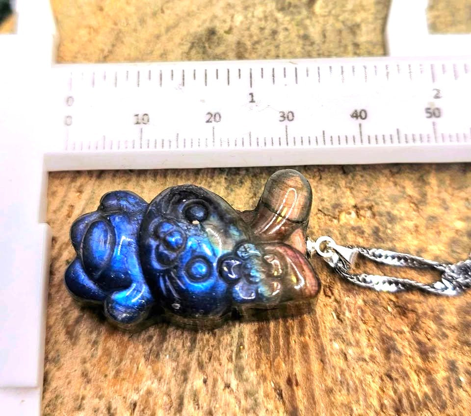 Hand-carved labradorite cheerful rabbit with flower pendant — My Aura Gemstones