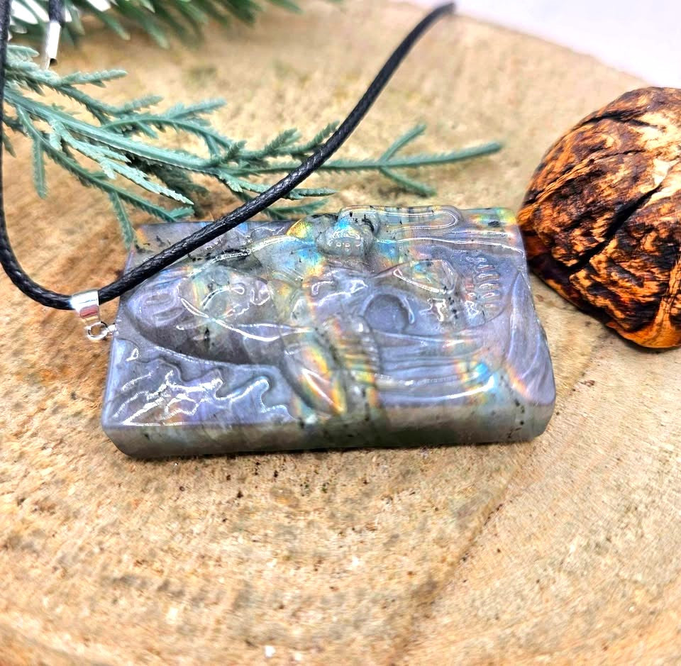 Nature Labradorite Carved Flashy Hidden Evil Monk Pendant Necklace