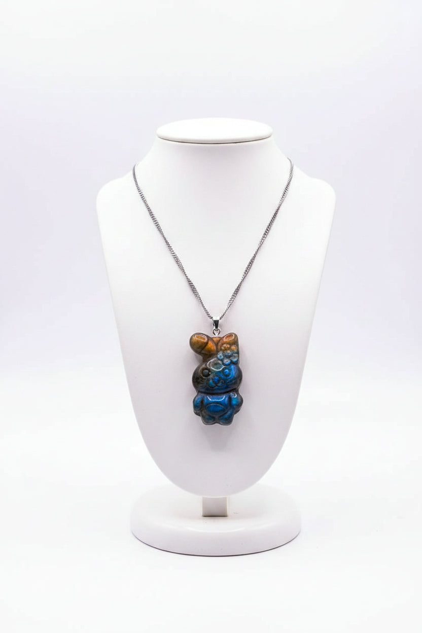 Hand-carved labradorite cheerful rabbit with flower pendant — My Aura Gemstones