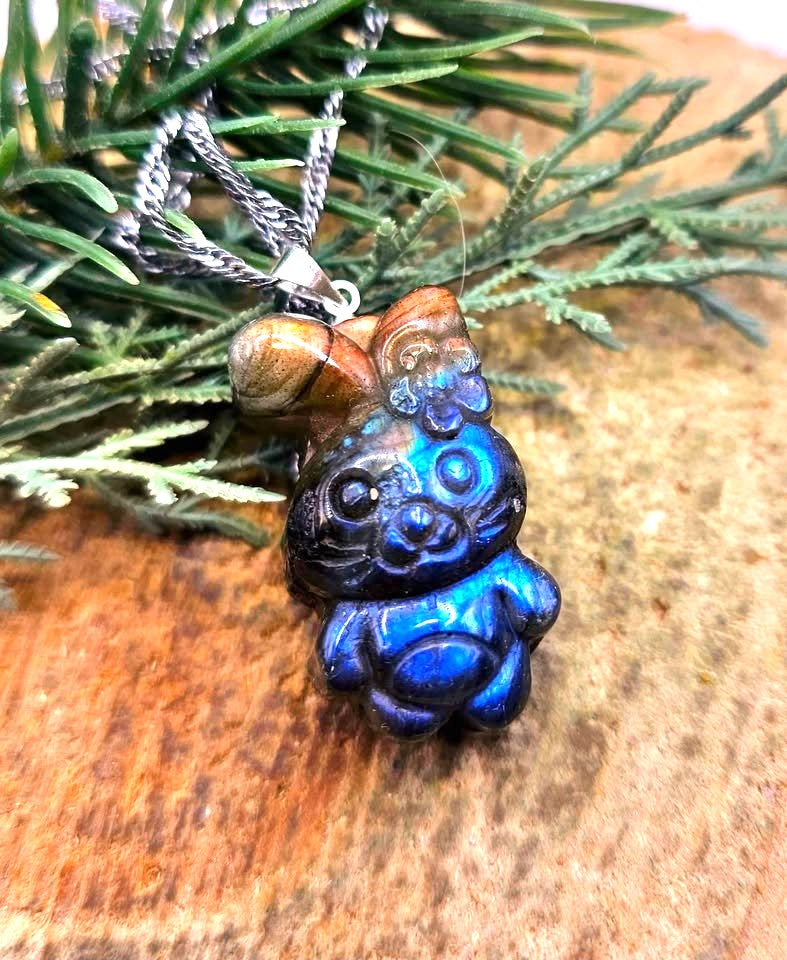 Hand-carved labradorite cheerful rabbit with flower pendant — My Aura Gemstones