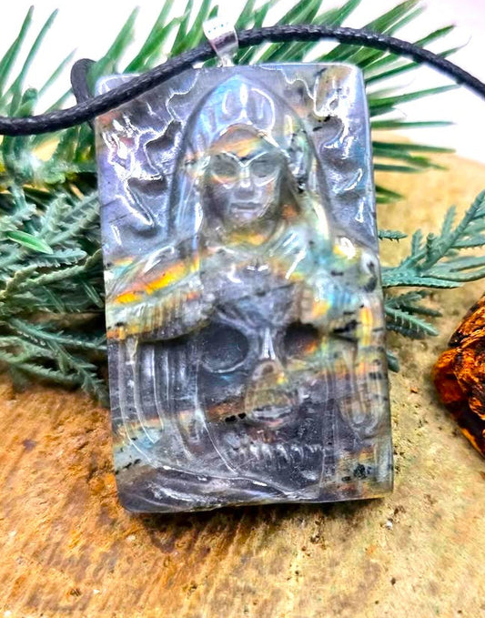 Nature Labradorite Carved Flashy Hidden Evil Monk Pendant Necklace