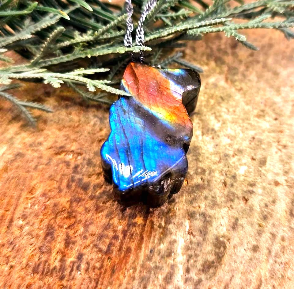Hand-carved labradorite cheerful rabbit with flower pendant — My Aura Gemstones