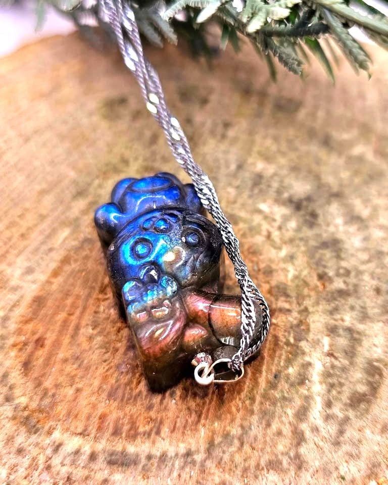 Hand-carved labradorite cheerful rabbit with flower pendant — My Aura Gemstones