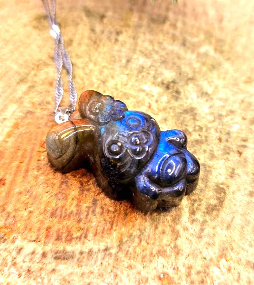 Hand-carved labradorite cheerful rabbit with flower pendant — My Aura Gemstones