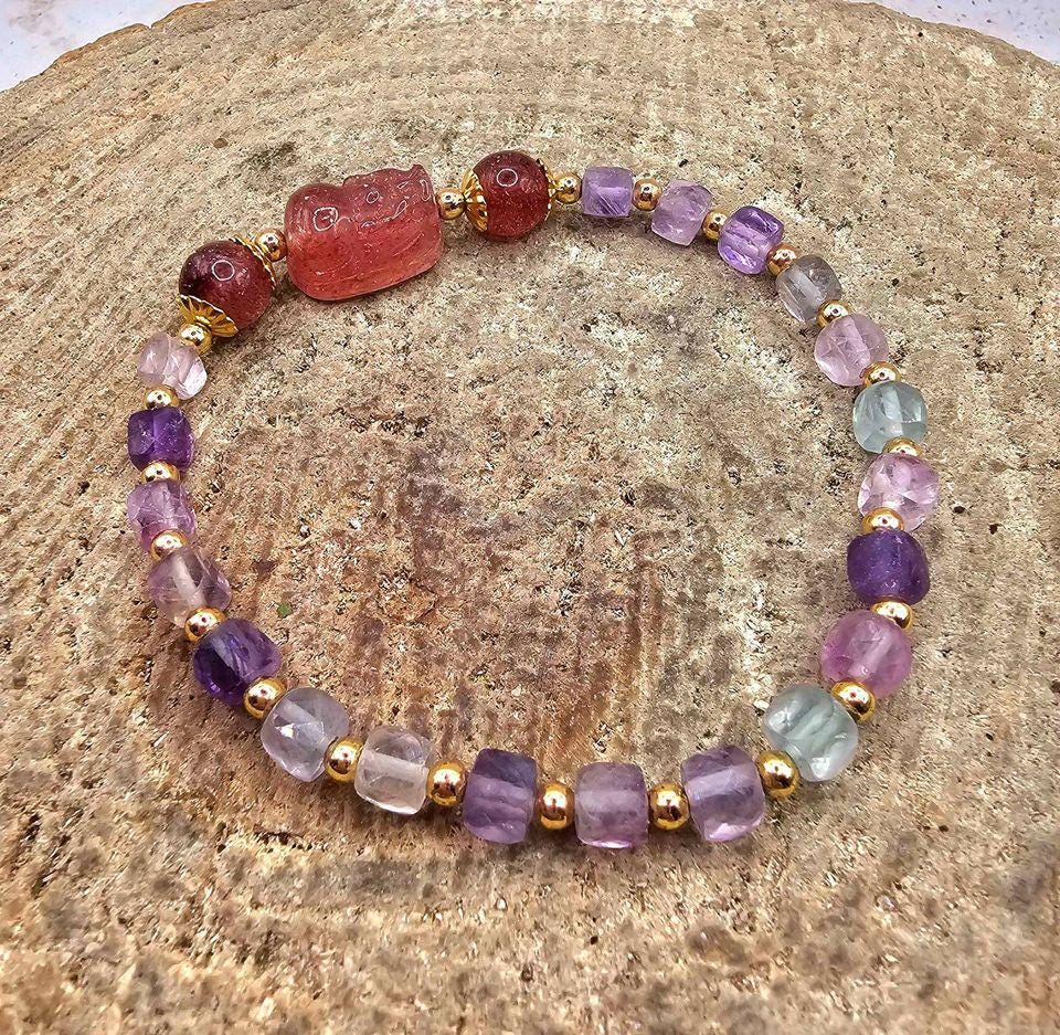 Nature Mixed Colors Fluorite Strawberry Quartz Pi Xiu Bracelet