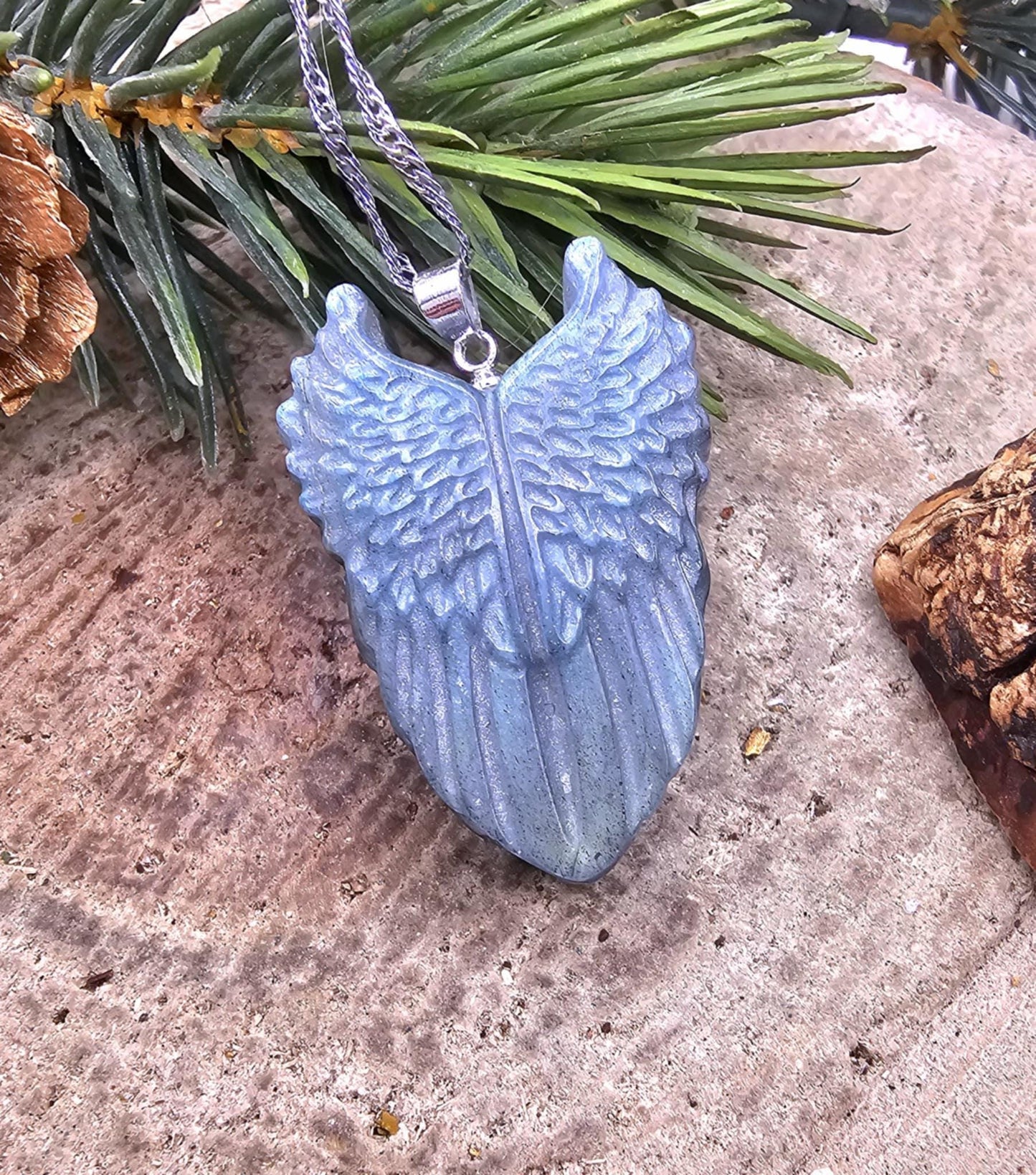 Nature Labradorite Carved Flashy Angel Wing Pendant Necklace
