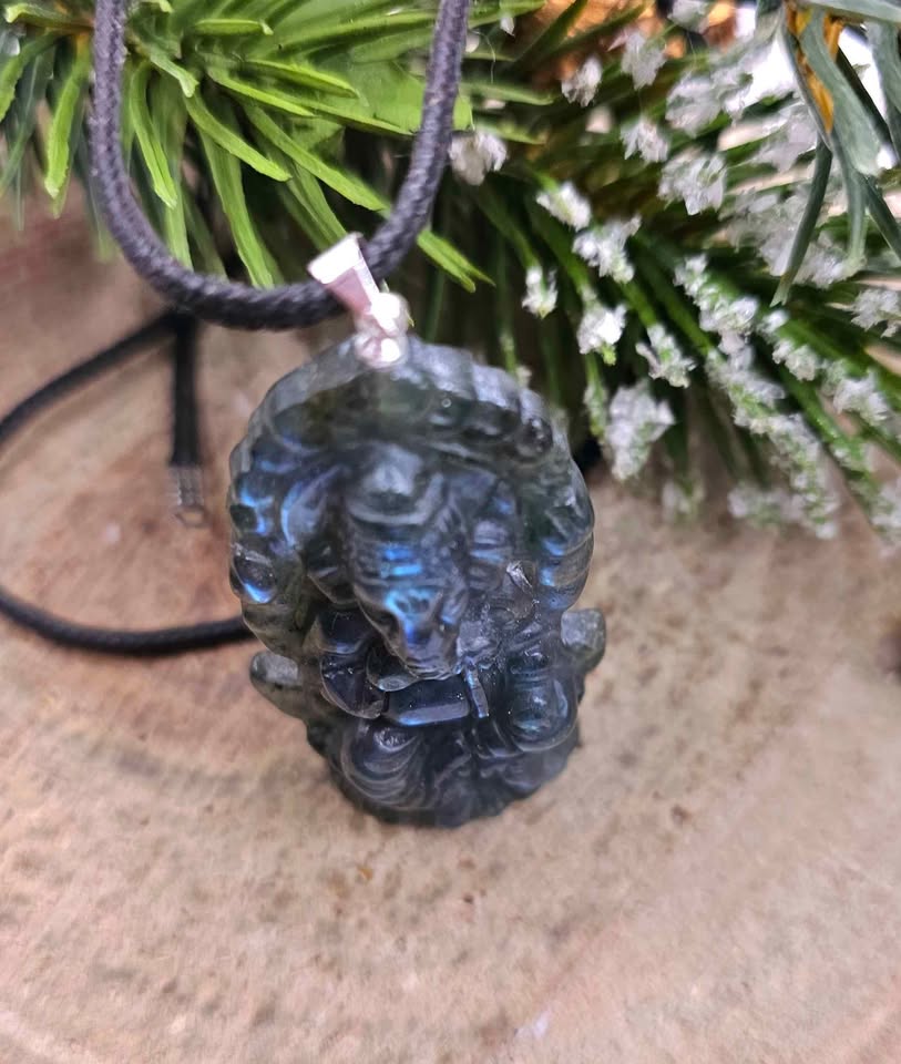 Nature Labradorite Flashy Carved Elephant God Ganesha Pendant Necklace