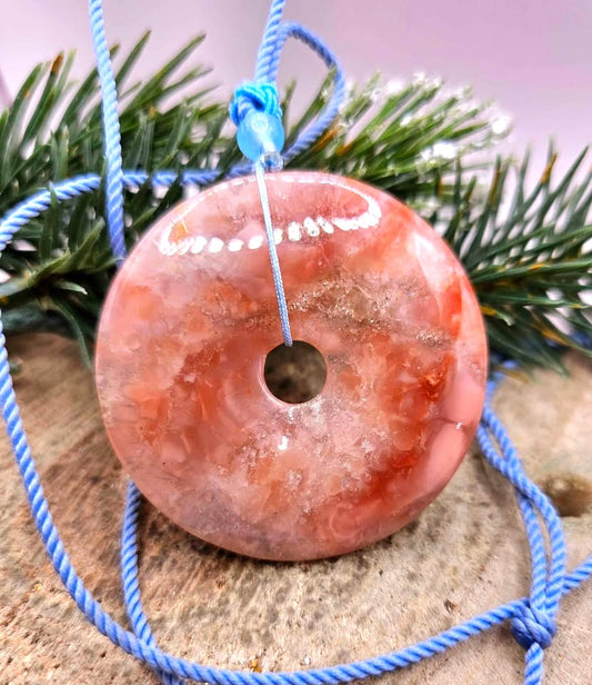 Nature Cherry Blossom Agate Jumbo Donut Pendant Necklace