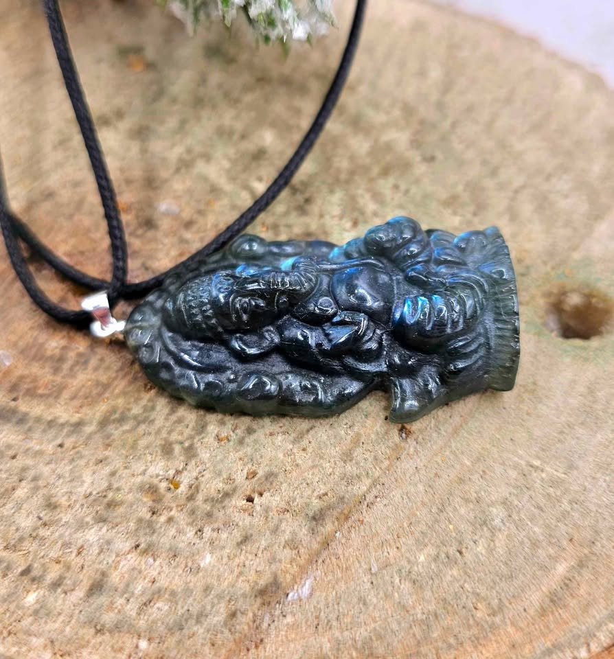 Nature Labradorite Flashy Carved Elephant God Ganesha Pendant Necklace