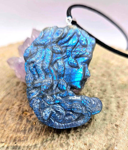 Nature Labradorite Carved Flashy Medusa Big Pendant Necklace