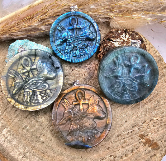 Nature Labradorite Carved Flashy Egyptian Symbols Pendant Necklace