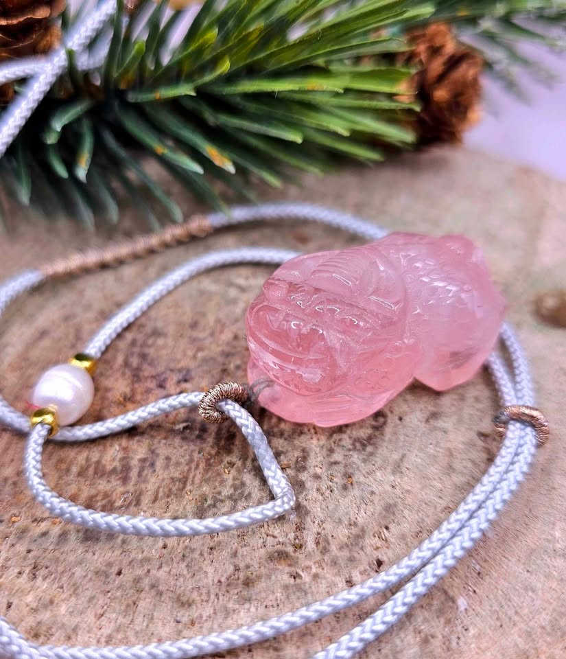 Nature Rose Quartz Pi Xiu Hand Braided Pendant Necklace