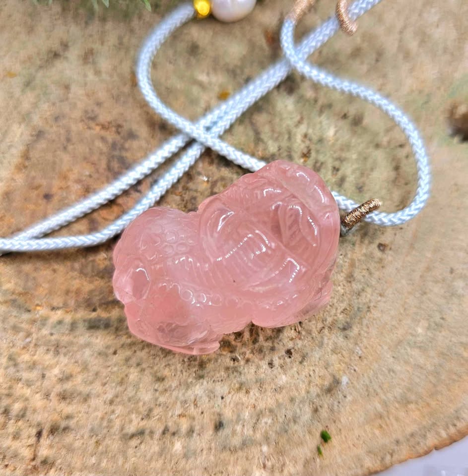 Nature Rose Quartz Pi Xiu Hand Braided Pendant Necklace