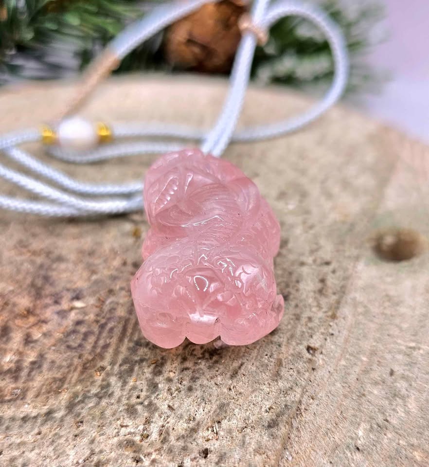 Nature Rose Quartz Pi Xiu Hand Braided Pendant Necklace