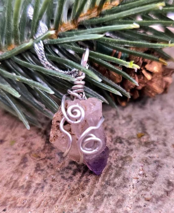 Nature Amethyst Point Wire Wrapped Pendant Necklace