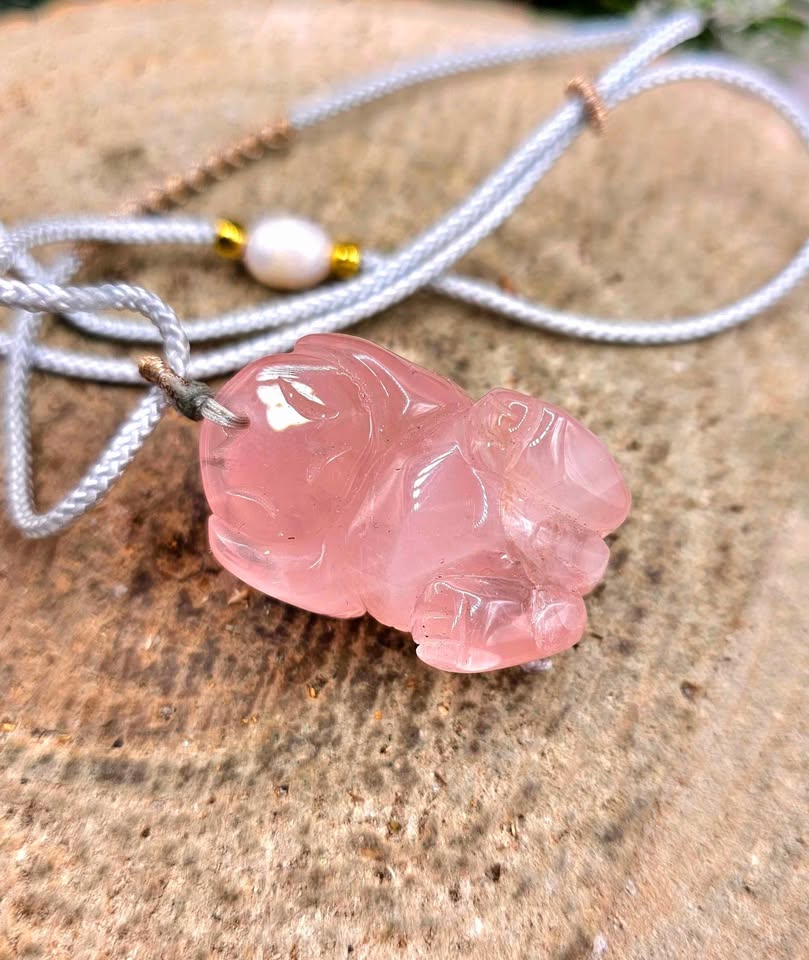 Nature Rose Quartz Pi Xiu Hand Braided Pendant Necklace