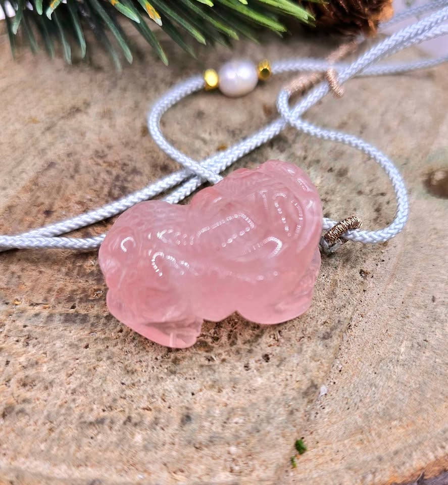 Nature Rose Quartz Pi Xiu Hand Braided Pendant Necklace