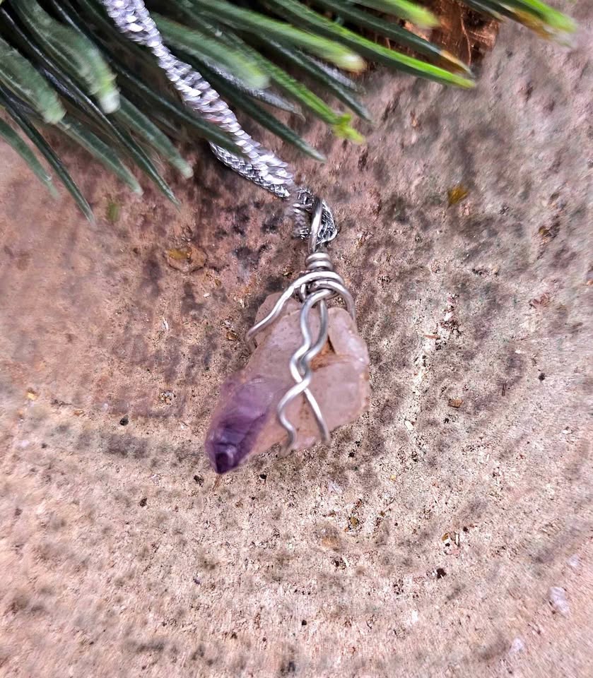 Nature Amethyst Point Wire Wrapped Pendant Necklace