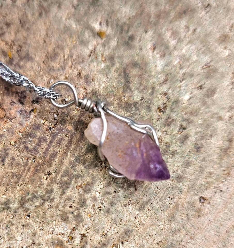Nature Amethyst Point Wire Wrapped Pendant Necklace