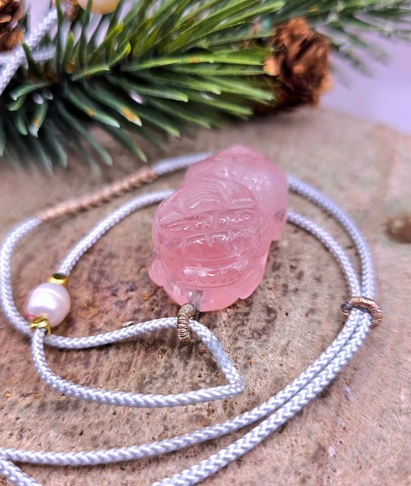 Nature Rose Quartz Pi Xiu Hand Braided Pendant Necklace