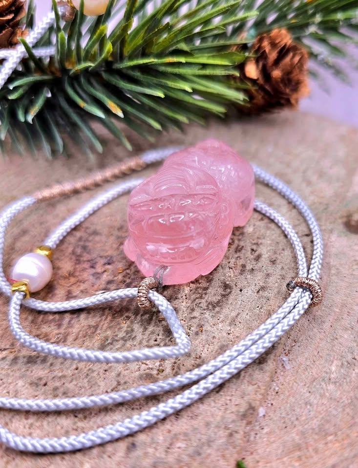 Nature Rose Quartz Pi Xiu Hand Braided Pendant Necklace