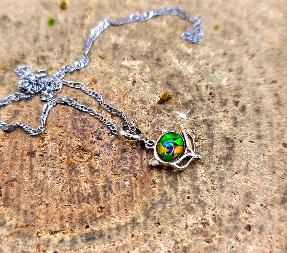 Nature Rainbow Ammolite Inlay 925 Fox Pendant Necklace