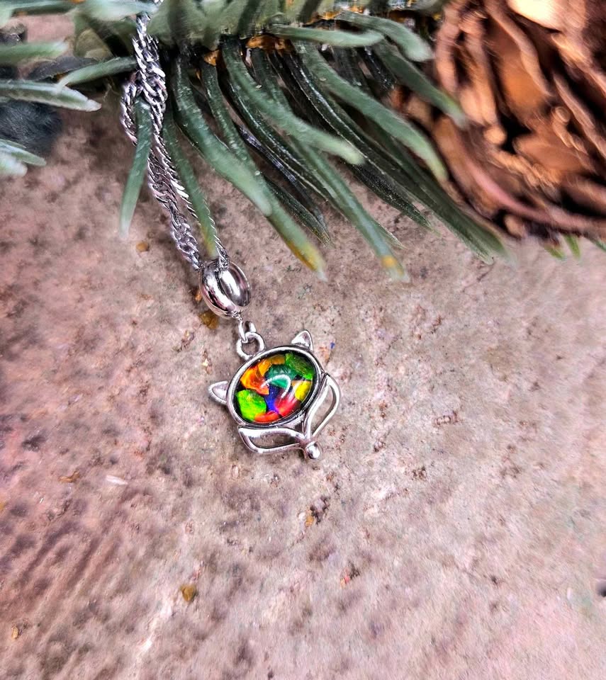 Nature Rainbow Ammolite Inlay 925 Fox Pendant Necklace