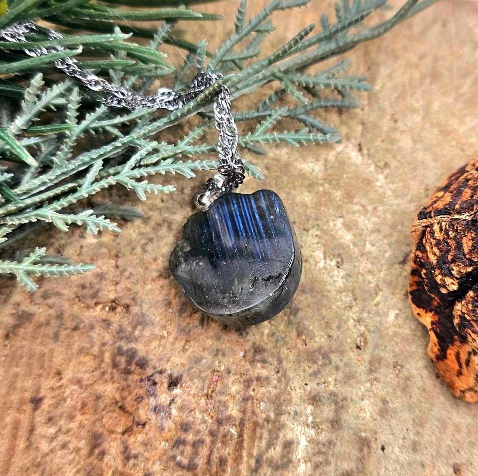 Nature Labradorite Carved Flashy Cute Animal Paw Pendant Necklace