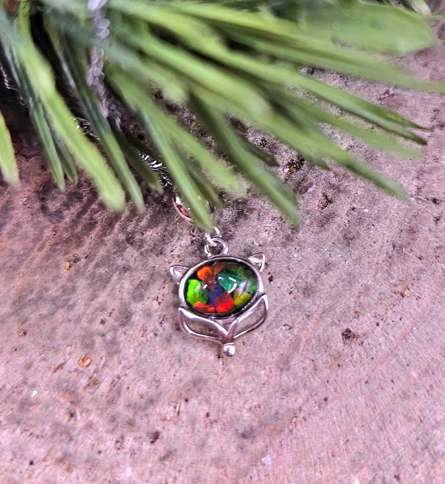 Nature Rainbow Ammolite Inlay 925 Fox Pendant Necklace