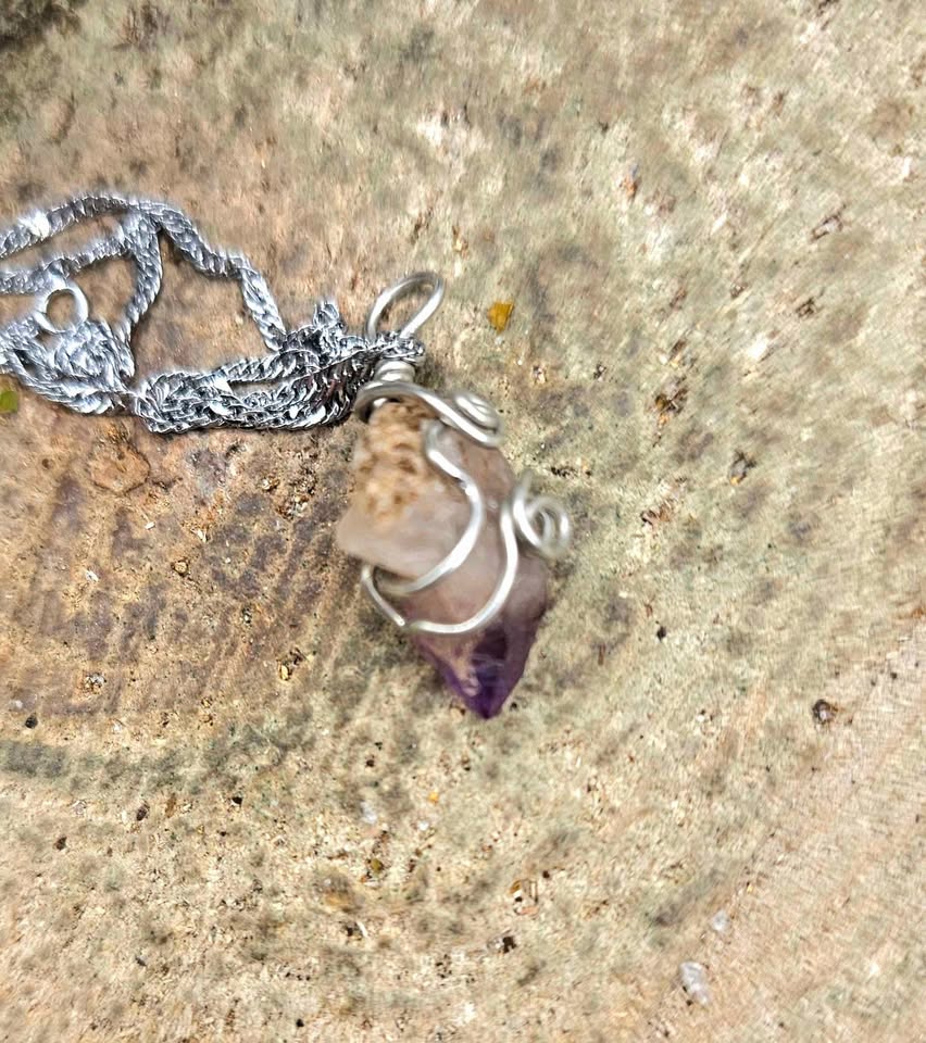 Nature Amethyst Point Wire Wrapped Pendant Necklace