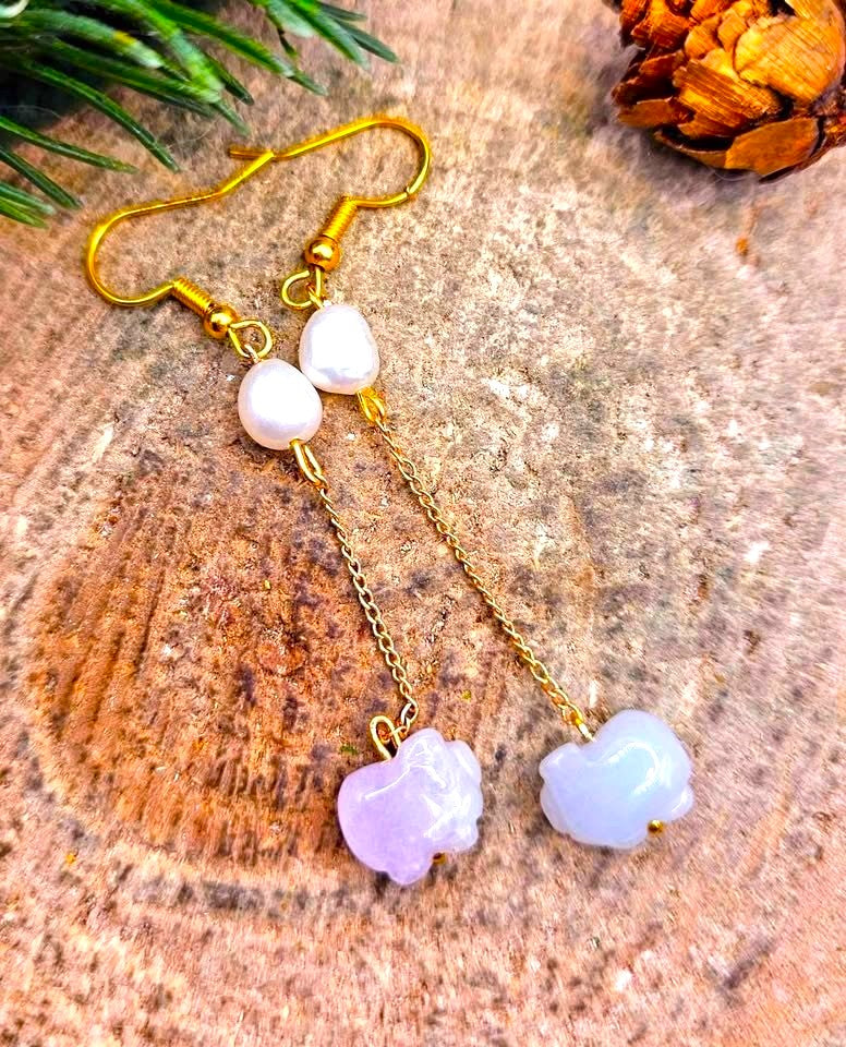 Jade pig dangle earrings green and lavender varieties — My Aura Gemstones