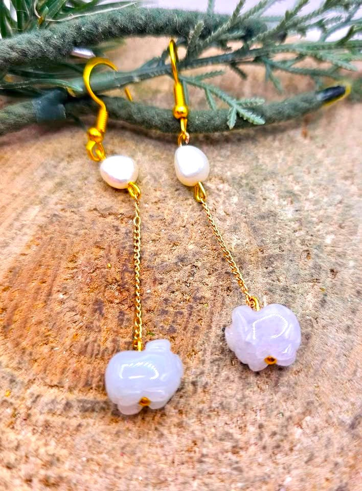 Jade pig dangle earrings worn — My Aura Gemstones
