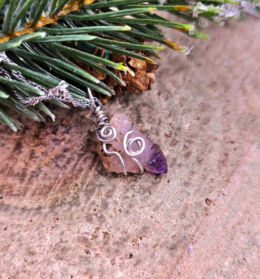 Nature Amethyst Point Wire Wrapped Pendant Necklace