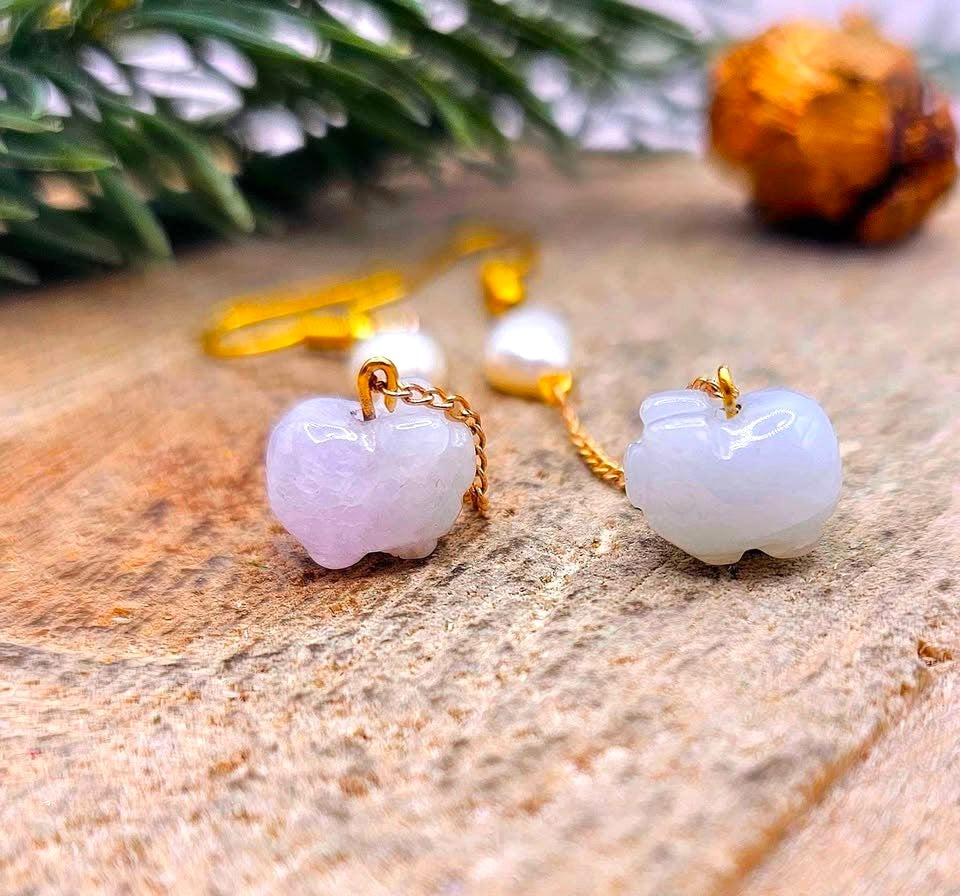 Jade pig dangle earrings lifestyle view — My Aura Gemstones