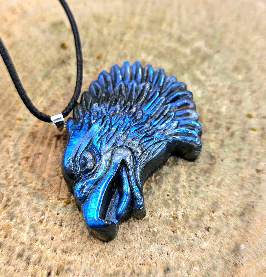 Nature Labradorite Flashy Strong Eagle Head Pendant Necklace