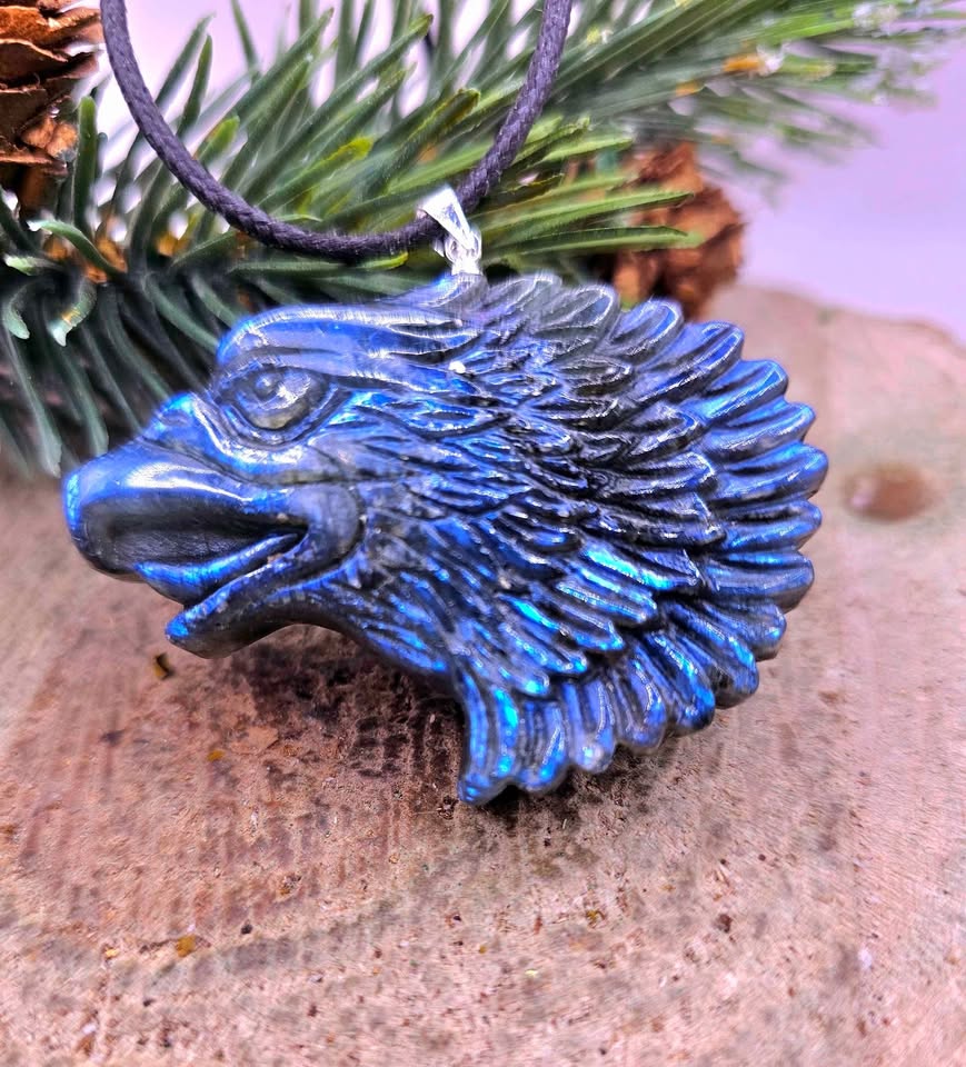Nature Labradorite Flashy Strong Eagle Head Pendant Necklace