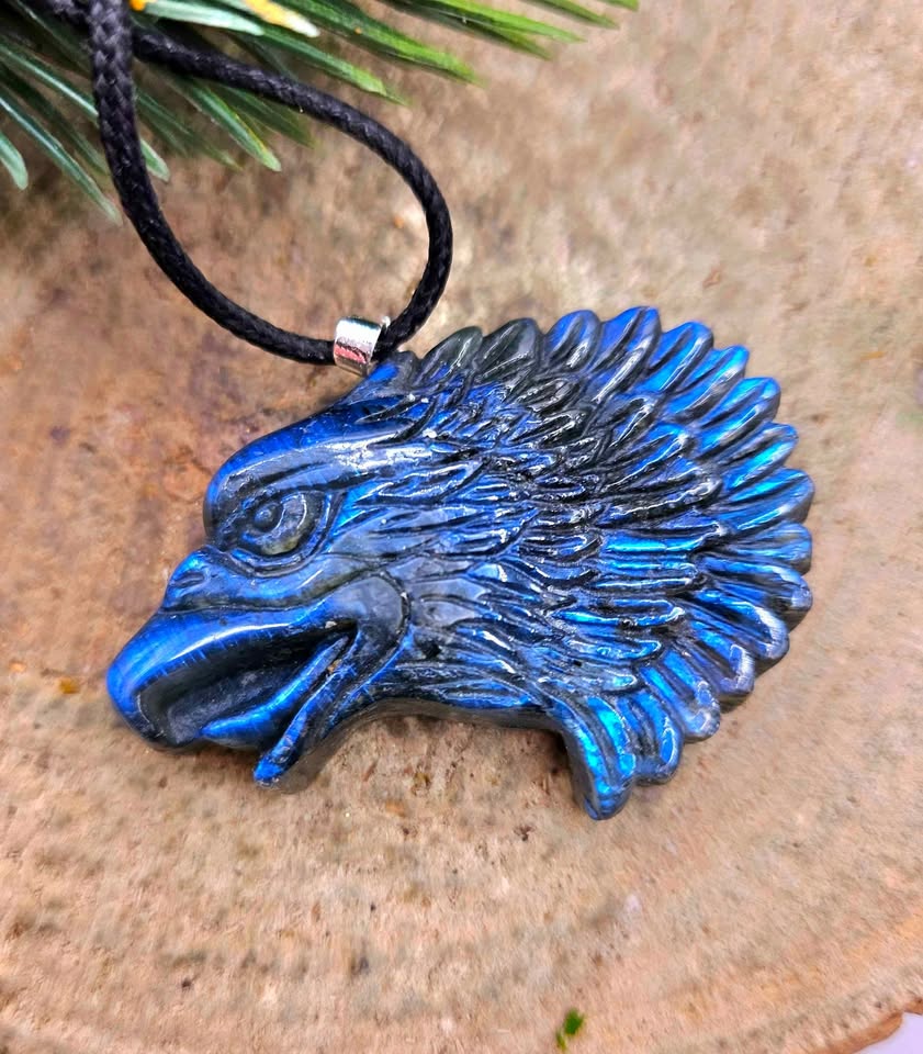 Nature Labradorite Flashy Strong Eagle Head Pendant Necklace