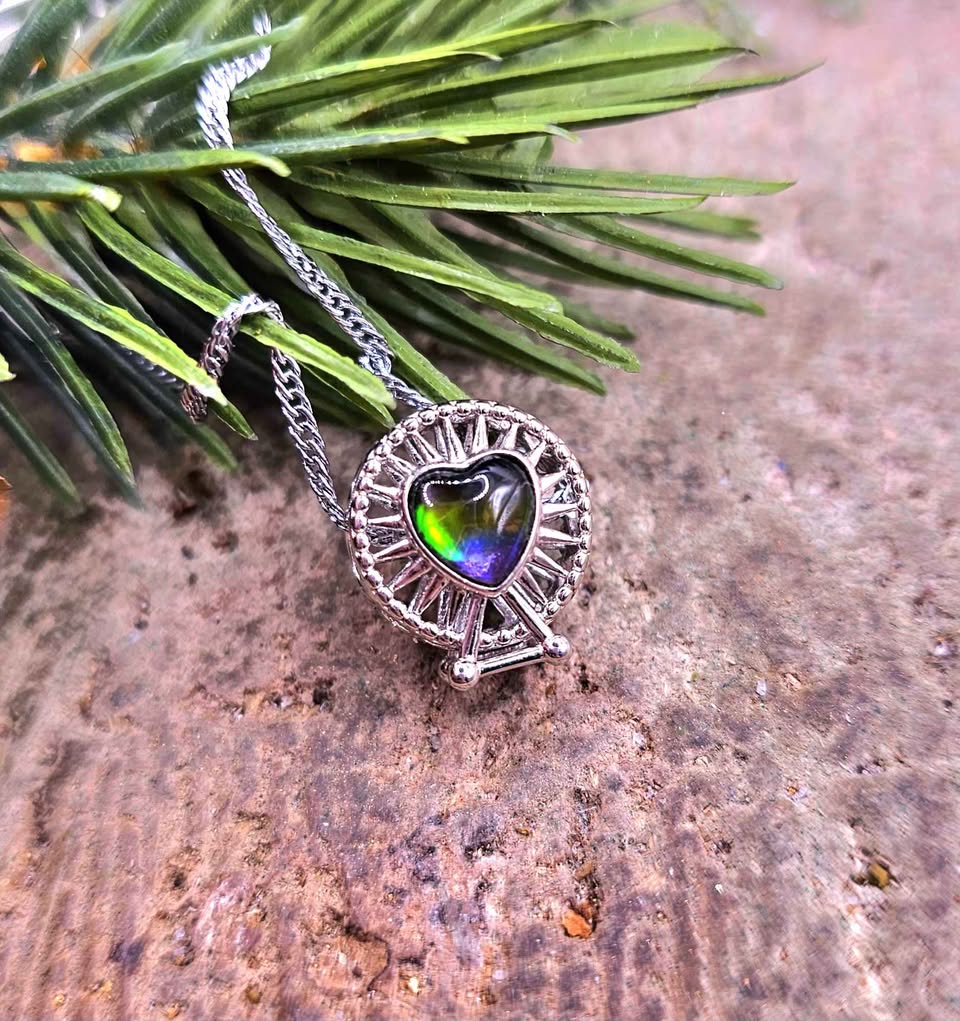 Genuine Canadian Ammolite Ferris Wheel 925 Pendant Necklace.