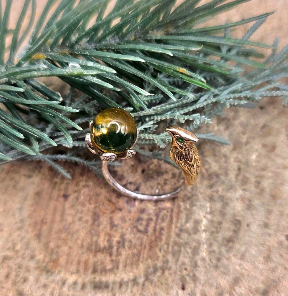 Genuine Mexico Blue Amber Sterling Silver Parrot Open Ring