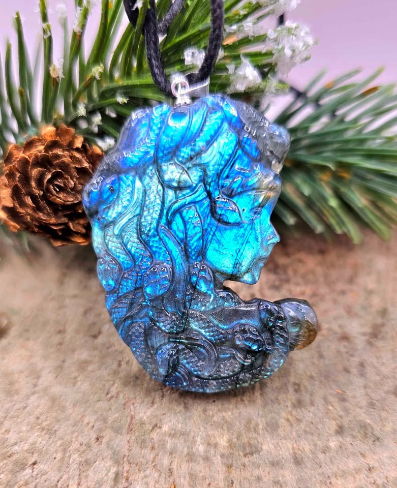 Nature Labradorite Carved Flashy Medusa Big Pendant Necklace