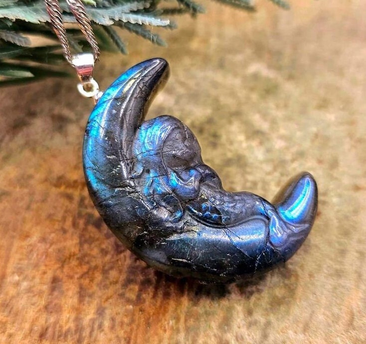 Nature Labradorite Carved Mermaid Sleeping On Moon Pendant Necklace