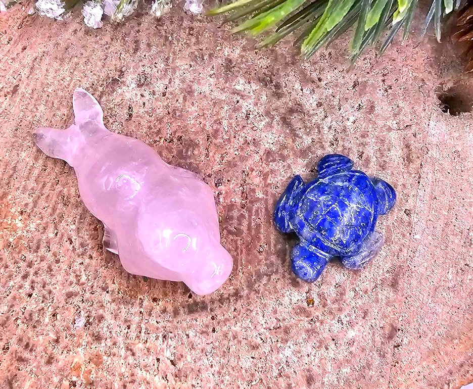 Nature Crystal Stone Carved Sea Seal & Turtle Figures