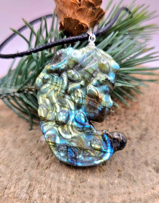 Nature Labradorite Carved Flashy Medusa Big Pendant Necklace
