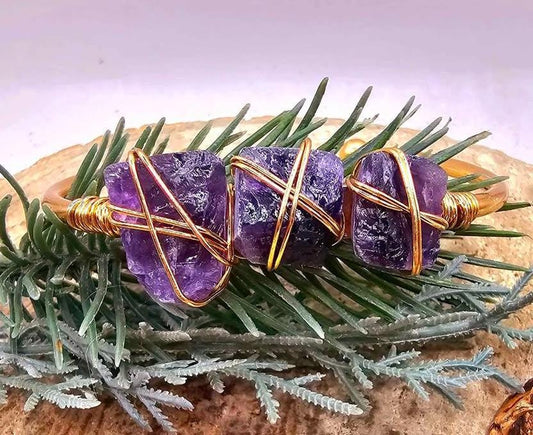 Nature Amethyst Polished Stone Wire Wrapped Open Bangle