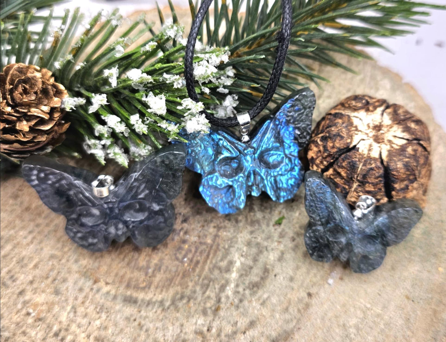 Nature Labradorite Carved Hidden Skull Butterfly Pendant Necklace
